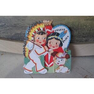 Little Indian Boy Girl and Dog VTG‎ Valentine Day Card "Be ConTENT" Colorful